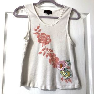 Sequin Tank Top size XL white with flowers ribbed